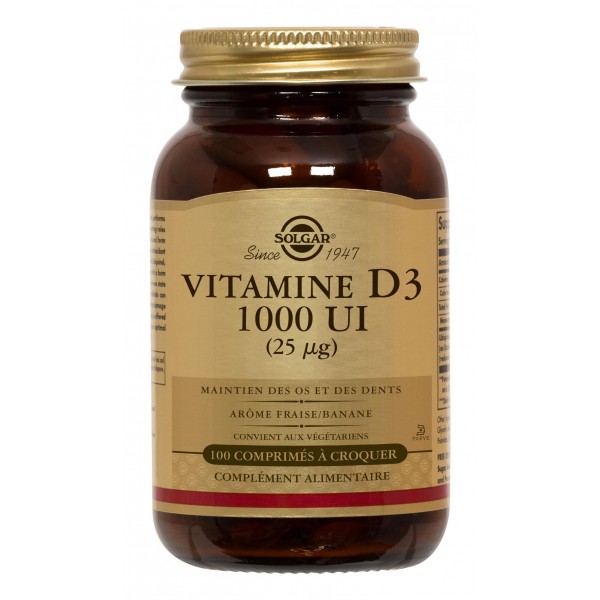 SOLGAR VITAMINE D3 1000 UI 100 COMPRIMES A CROQUER